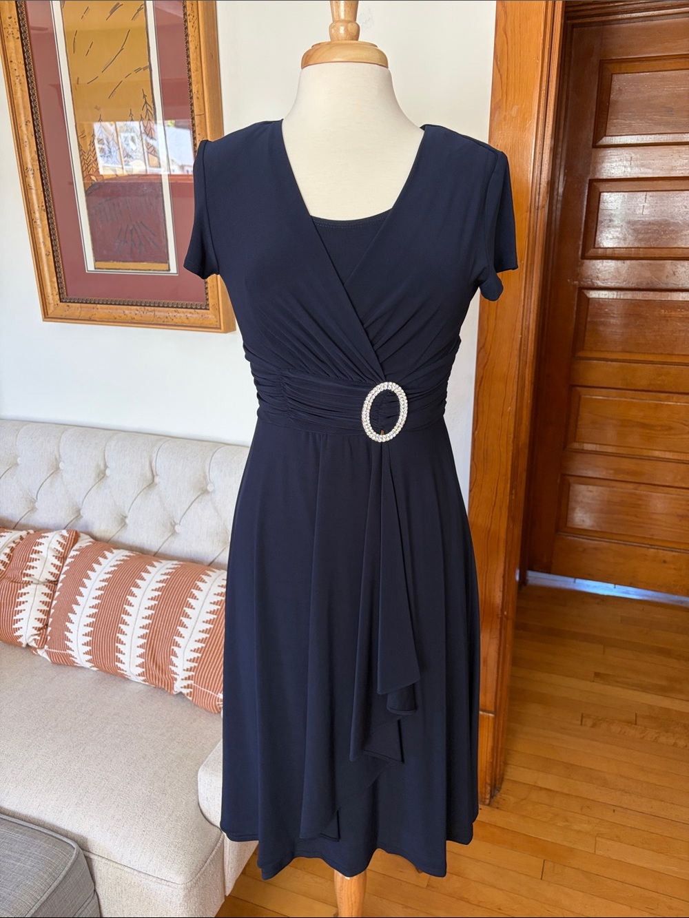 Navy Dress with Rhinestone Buckle